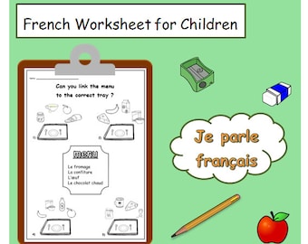 May include: A French language worksheet for children with a menu of French food items and a matching activity. The worksheet includes images of cheese, jam, eggs, and hot chocolate. The text on the worksheet says "Can you link the menu to the correct tray?" and "Je parle français".