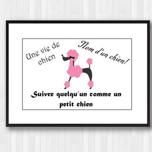 May include: A black and white illustration of a pink poodle with a bow tie. The text reads "Une vie de chien! Nom d'un chien! Suivre quelqu'un comme un petit chien."