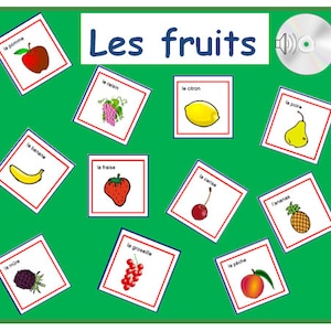 FICHES de FRANÇAIS de fruits avec la prononciation sur fichier Audio, fiches de Français de nourriture, nourriture école cartes, enfants de la nourriture, aliments Français langue cartes