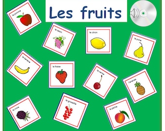 May include: A green board with the French words "Les fruits" written in blue. There are 10 colourful cards with pictures of different fruits and their French names. The cards are arranged in a random pattern on the board.