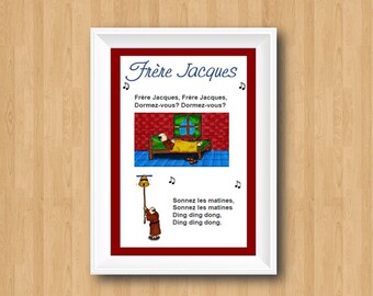 Brother Jack Französisches Poster Song Kinderzimmer Dekor / Frère Jacques / Kinderlied / Song Lyrics Print / Kinderzimmer Print / Klassenzimmer Dekor