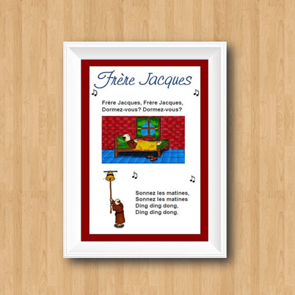 Brother jack French Poster Song Nursery decor / Frère Jacques / Nursery Rhyme / song lyrics Print / Nursery Print / Classroom Decor