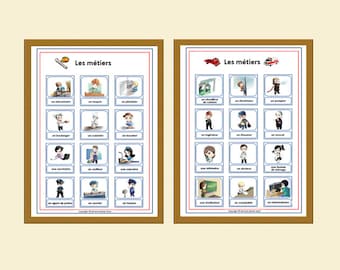 May include: Two colourful posters with illustrations of people in different professions. The posters are titled "Les métiers" in French, which means "The professions".