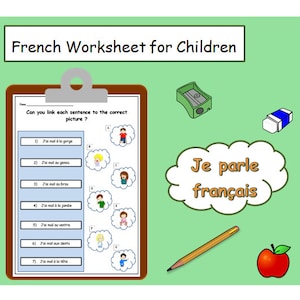 Può includere: Un foglio di lavoro in francese per bambini con un design colorato. Il foglio di lavoro chiede ai bambini di abbinare le frasi sulle parti del corpo all'immagine corretta. Le frasi includono "J'ai mal à la gorge", "J'ai mal au genou", "J'ai mal au bras", "J'ai mal à la jambe", "J'ai mal au ventre", "J'ai mal aux dents" e "J'ai mal à la tête".