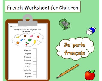 May include: A French language worksheet for children with a colourful illustration of various fruits and a matching activity. The worksheet includes the phrase "Je parle français" in a speech bubble.