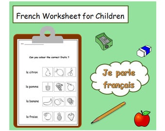 FRENCH for KIDS Fruits Words Language Worksheet / Kids Worksheet French Printable / Fruit Topic Teacher Worksheet / Language Learning