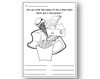 May include: Black and white line drawing of six food items: ice cream cone, cheese, french fries, pizza, a hamburger, and a hot dog.  Can you write the names of the 6 food items which are in the picture?