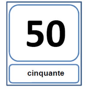 May include: Three white cards with blue borders, each displaying a number and its French translation. The first card shows the number 40 and the word "quarante". The second card shows the number 50 and the word "cinquante". The third card shows the number 60 and the word "soixante".