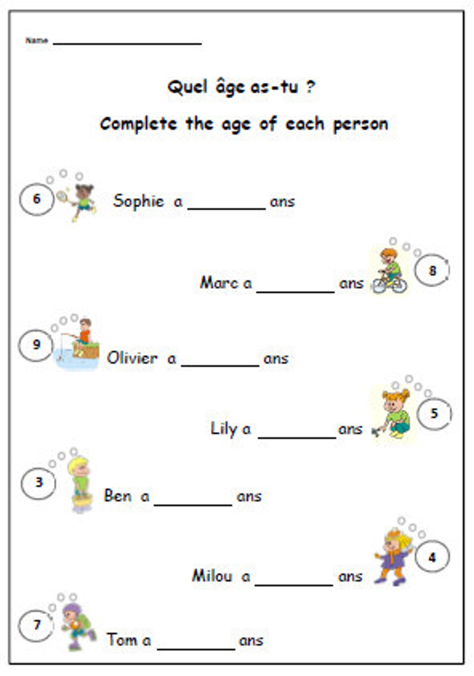 Say Your Age FRENCH Worksheet,simple Writing Exercise to Help Children
