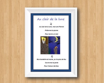 Au Clair de la Lune,French Song Lyrics Art,Kids Room Decor,Classroom Decor,Nursery Melody,Nursery Rhyme,Nursery Wall Decor,Language Art