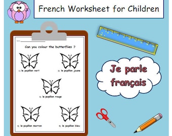 May include: A French language worksheet for children featuring a coloring activity with five butterflies. The butterflies are labeled in French with the words "le papillon vert", "le papillon jaune", "le papillon rouge", "le papillon marron", and "le papillon bleu". The worksheet also includes the phrase "Je parle français" in a speech bubble.