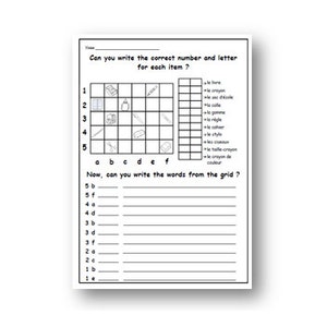 May include: A black and white worksheet with a grid of images and words in French. The grid has five rows and six columns. The images include a book, a pencil, a ruler, a glue stick, an eraser, a pair of scissors, a crayon, and a sharpener. The words are the French names for these items. Below the grid is a list of letters and numbers, and blank lines for students to write the words from the grid.