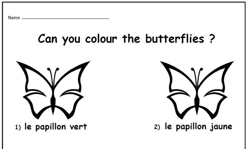 May include: A black and white colouring page featuring two butterflies. The text 'Can you colour the butterflies?' is at the top of the page. The text 'le papillon vert' is below the first butterfly and 'le papillon jaune' is below the second butterfly.