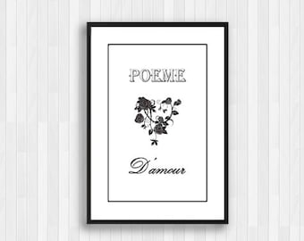 Poeme d'Amour Print,Love Poem Print,Love Wall Art,Black and White Print,Black Roses