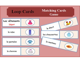 Peut inclure: Un jeu de cartes d'association en français pour apprendre le vocabulaire des vêtements. Les cartes présentent des illustrations d'articles vestimentaires comme une robe, un pantalon, une chemise et des chaussettes. Les cartes sont étiquetées avec les mots français pour chaque article.