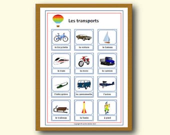 CARTEL FRANCÉS DE TRANSPORTE,Aprenda las palabras Transporte en francés con cartel escolar,Exhibición en el aula,Recursos didácticos,Cartel de palabras francesas