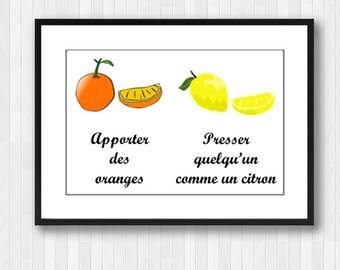Orange und Zitrone Wandbild,Obst Dekor,Obst Kunst,Obst Druck,Orange Zitat,Französisch Zitat,Französisch Druck,Zitrone Zitat,Obst Wand Kunst Zitat