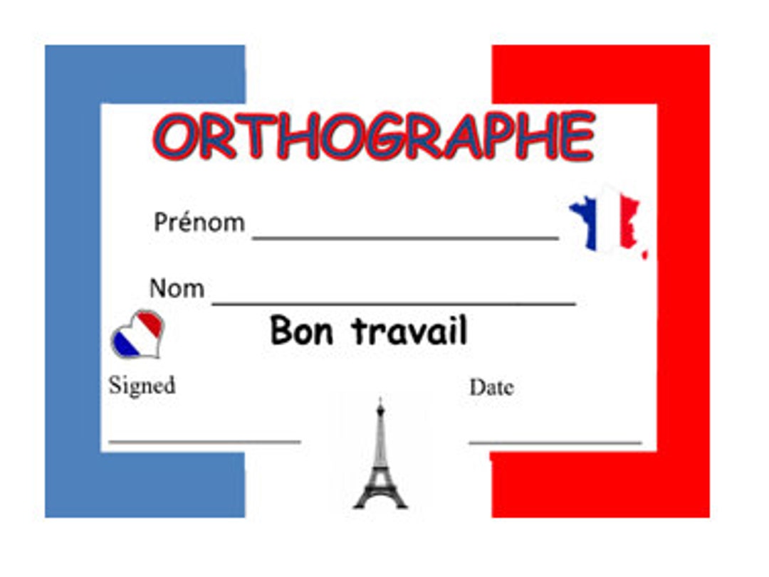 DOWNLOADABLE French Spelling Reward Printable Student Reward Etsy