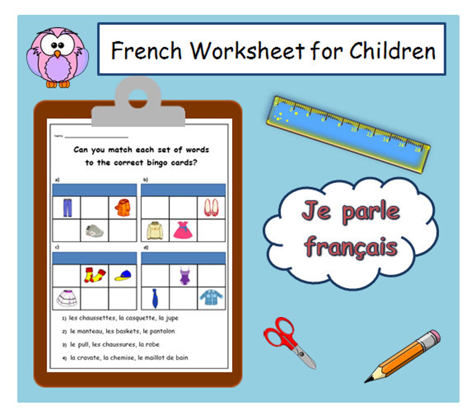 CLOTHES Bingo Game FRENCH PRINTABLE / Basic French Words Kids Etsy