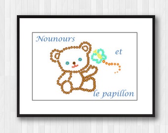 French Art Wall Print,Nounours et le Papillon,Nursery Room Wall Decor,Digital Wall Decor