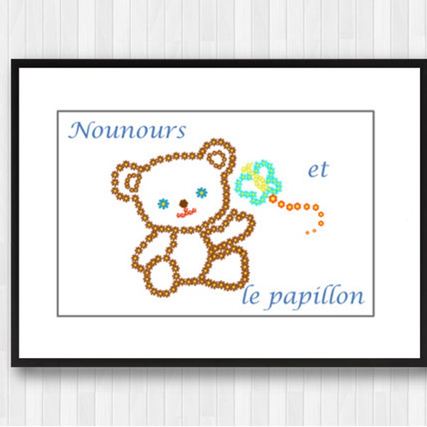 French Art Wall Print,Nounours et le Papillon,Nursery Room Wall Decor,Digital Wall Decor