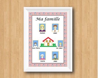 May include: A printable chart with a house in the centre and pictures of family members around it. The text says "Ma famille" at the top and includes the words "maman", "papa", "mon frère", "ma sœur", "mamie", and " papy".
