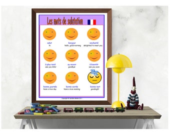 PALABRAS DE SALUDO Cartel de la escuela FRANCESA / Cartel de aprendizaje de idiomas / Aula imprimible / Decoración del aula / Impresión educativa / Cartel del maestro
