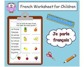 Kids Worksheet for Learning French Names of Fruits / French Printable Language Resources / Food Topic Teacher Worksheet /Classroom Printable