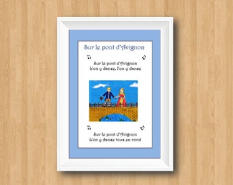 May include: A framed illustration of a couple dancing on a bridge with the French lyrics "Sur le pont d'Avignon" and musical notes.