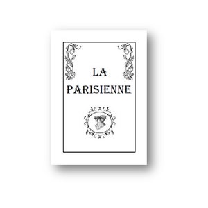 Pu&ograve; includere: Immagine in bianco e nero di un'etichetta vintage con il testo "LA PARISIENNE" e un motivo floreale decorativo.