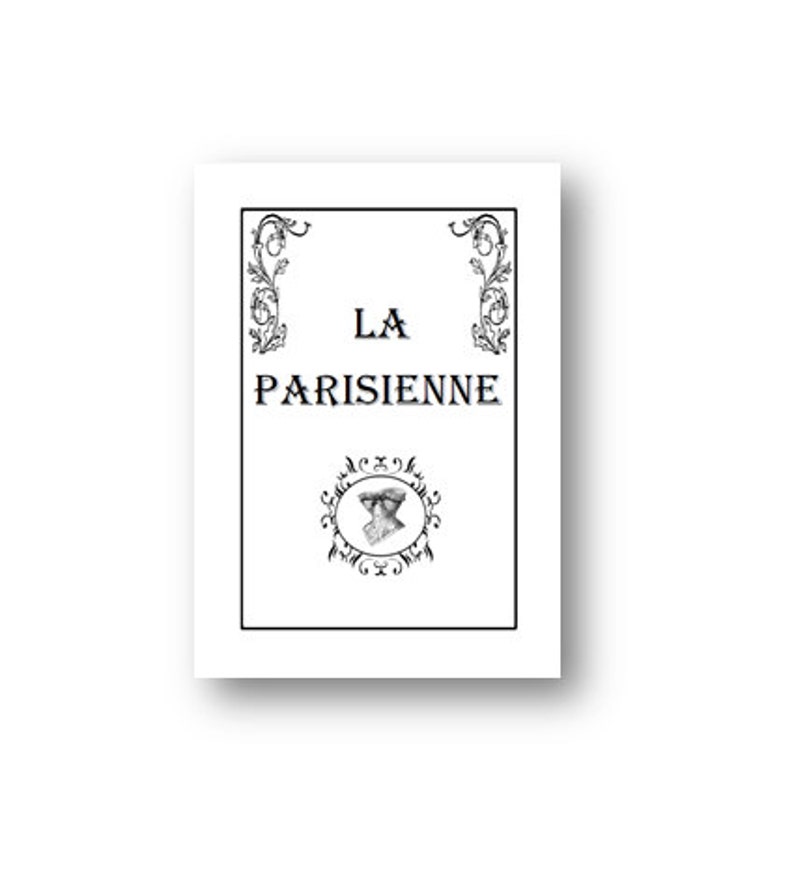 Pu&ograve; includere: Immagine in bianco e nero di un'etichetta vintage con il testo "LA PARISIENNE" e un motivo floreale decorativo.