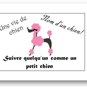 May include: A pink poodle with a black bow tie and black legs is shown on a white background with the text "Une vie de chien. Nom d'un chien! Suivre quelqu'un comme un petit chien."