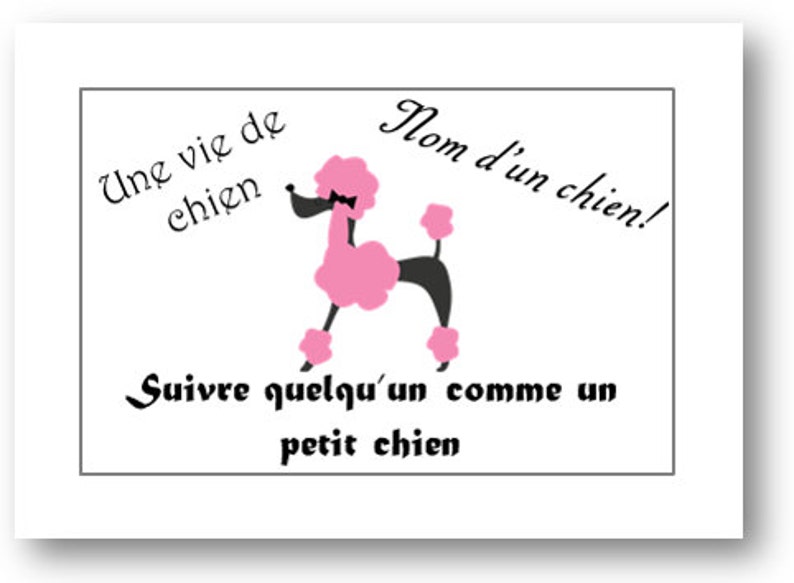 May include: A pink poodle with a black bow tie and black legs is shown on a white background with the text "Une vie de chien. Nom d'un chien! Suivre quelqu'un comme un petit chien."