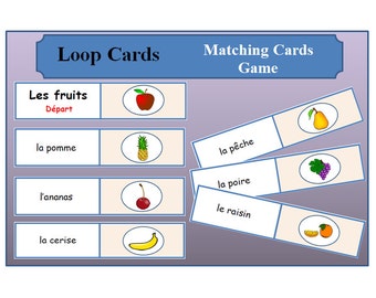 May include: A set of French language loop cards for learning about fruits. The cards feature images of an apple, pineapple, cherry, banana, pear, grapes, and orange. The text on the cards includes "Les fruits", "Départ", "la pomme", "l'ananas", "la cerise", "la pêche", "la poire", "le raisin".