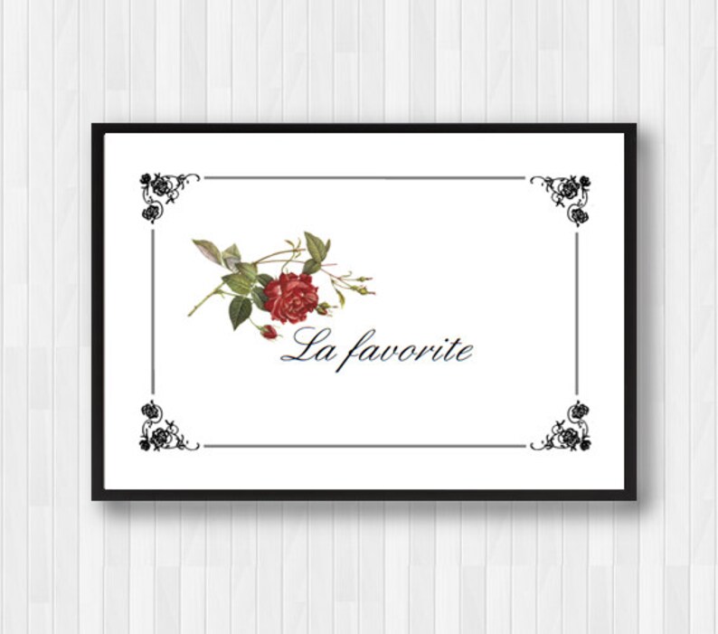 May include: A black and white printable art print with a red rose and green leaves in a decorative frame. The text "La favorite" is written in black cursive script.