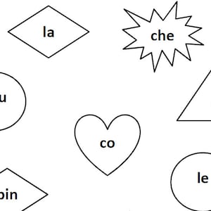 May include: A black and white image with different shapes and words inside. The shapes include a diamond, a circle, a heart, a triangle, and a starburst. The words inside the shapes are "la", "pou", "co", "ca", "che", "pin", and "le".