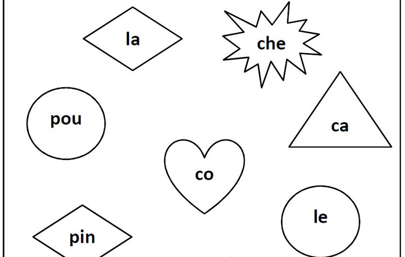 May include: A black and white image with different shapes and words inside. The shapes include a diamond, a circle, a heart, a triangle, and a starburst. The words inside the shapes are "la", "pou", "co", "ca", "che", "pin", and "le".