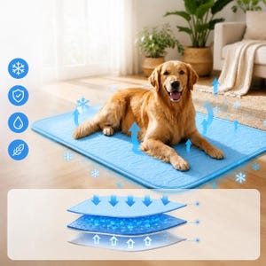 Op de afbeelding: Een lichtblauwe rechthoekige koelmat voor huisdieren met een getextureerd oppervlak. Een golden retriever ligt op de mat, omringd door blauwe sneeuwvlok- en pijliconen. Een dwarsdoorsnedediagram toont drie verschillende interne lagen.