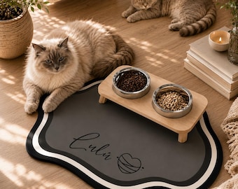 Personalized Pet Feeding Mat – Custom Name, Modern Wavy Design, Pet Bowl Accessory