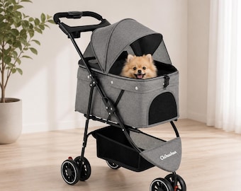Luxury Pet Stroller for Small Dogs & Cats, Foldable Dog Stroller with Storage Basket, Breathable Pet Travel Carrier, Puppy Buggy