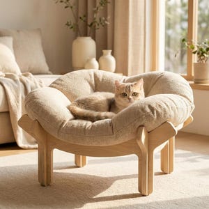 Elevated Wooden Cat Bed, Japandi Style Pet Furniture, Modern Lounger Cushion