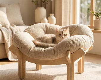 Verhoogd houten kattenbed, huisdiermeubilair in Japanse stijl, modern ligstoelkussen