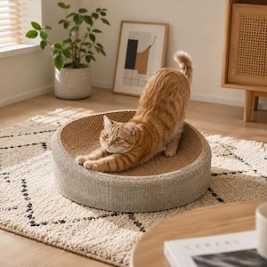 Könnte beinhalten: Ein runder, beigefarbener, strukturierter Kratzbaum mit einer konkaven Mitte. Eine orangefarbene getigerte Katze befindet sich in der Mitte des Kratzbaums und streckt ihre Vorderbeine nach vorne, während ihr Hinterteil in die Luft ragt.