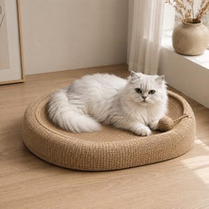 Könnte beinhalten: Eine langhaarige weiße Katze ruht auf einem runden, beigen Katzenbett aus gewebtem Sisal. Das Bett hat einen erhöhten, dicken kreisförmigen Rand und eine flache, strukturierte Oberfläche. Ein kleiner, runder Sisalball ist mit einer Schnur befestigt.