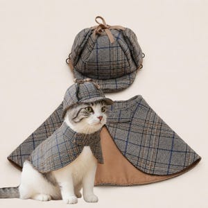 May include: A cat dressed in a gray plaid detective outfit, comprising a hat and cape with brown and blue details. A matching hat is shown above the cat. The cat has gray and white fur and green eyes.