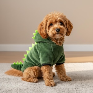 May include: A golden-brown dog wearing a dark green fleece hoodie with a hood and a row of bright lime green triangular spikes running down the back. The garment features long sleeves with black cuffs and a soft, textured fabric construction.