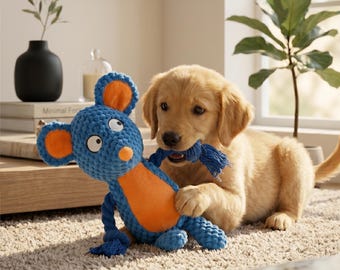 Blue Mouse Dog Plush – Interactive Crinkle & Tug Toy