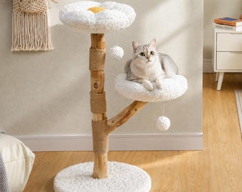 Natural wood cat tree, bohemian-style tower, macramé hammock, sisal scratching posts