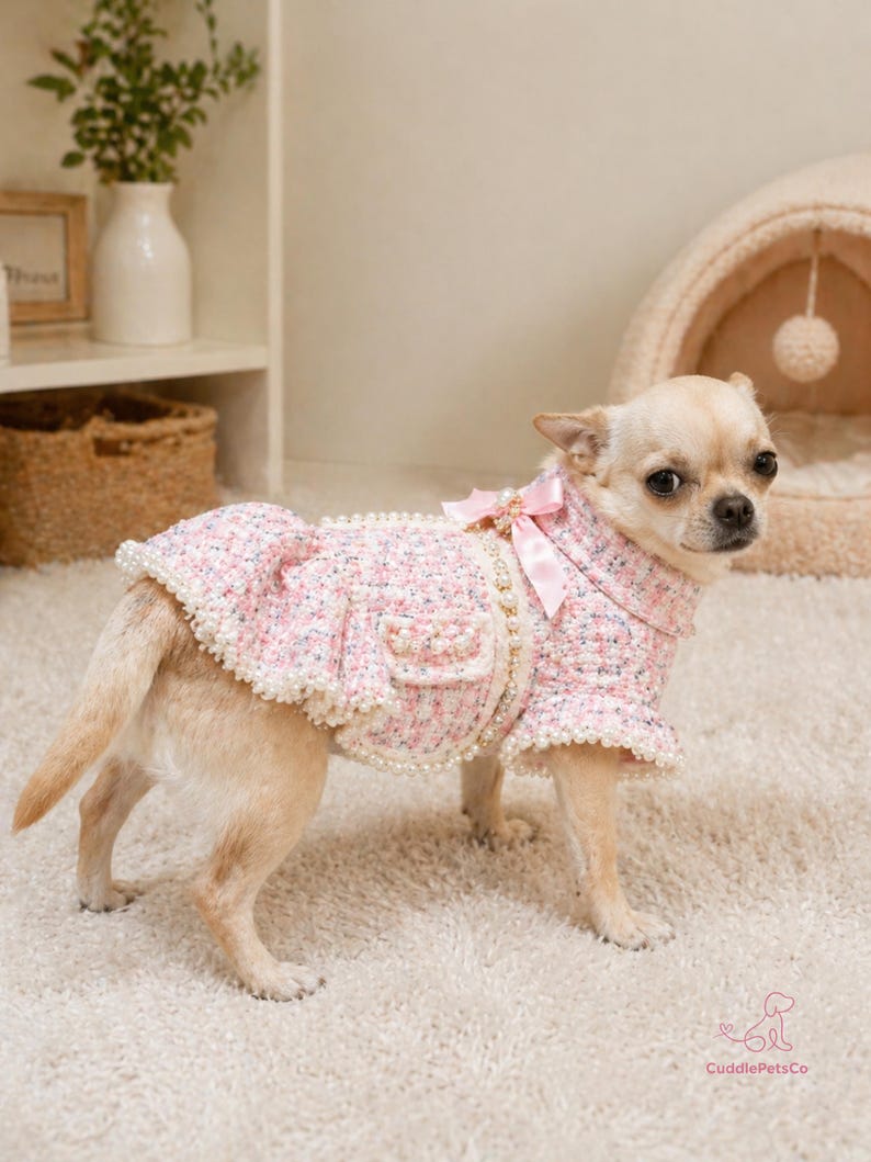 May include: A small dog wearing a pink tweed dog coat with pearl detailing and a matching bow. The coat features a frilled hem and pocket details. The dog is standing on a white rug.