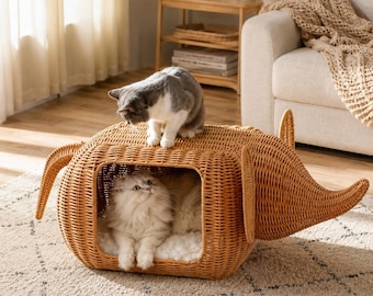 Handmade Elephant Rattan Cat Condo Bed